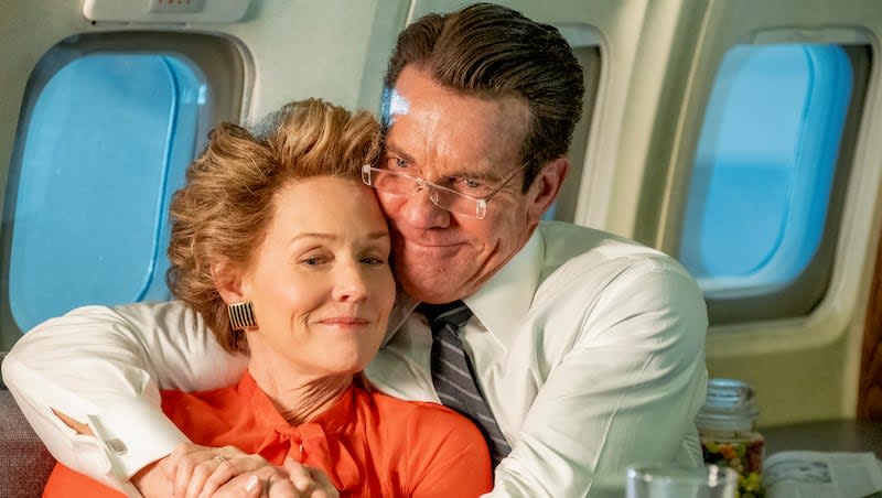 Ronald Reagan, played by Dennis Quaid, and Nancy Reagan, played by Penelope Ann Miller, share a moment together aboard Air Force One.