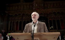 Britain's opposition Labour Party leader Jeremy Corbyn speaks to crowds gathered at the Manchester Cathedral in Manchester, Britain October 5, 2015. REUTERS/Suzanne Plunkett