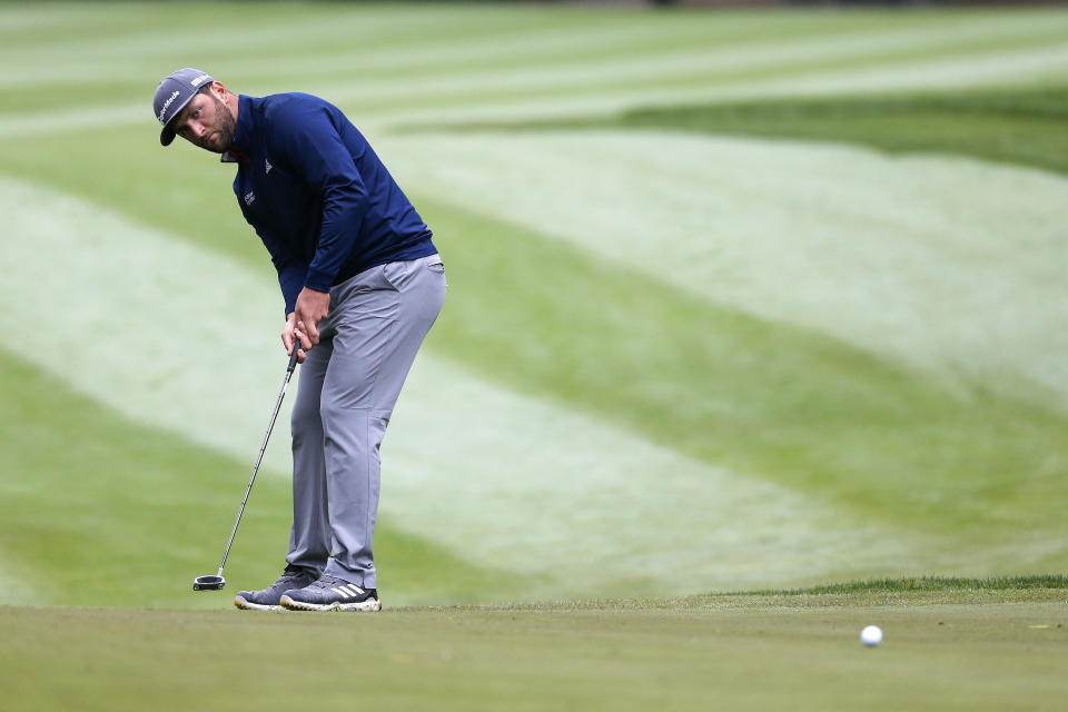 Jon Rahm of Spain, watches his shot on the third hole during the final round of the Zozo Championship golf tournament Sunday, Oct. 25, 2020, in Thousand Oaks, Calif. (AP Photo/Ringo H.W. Chiu)
