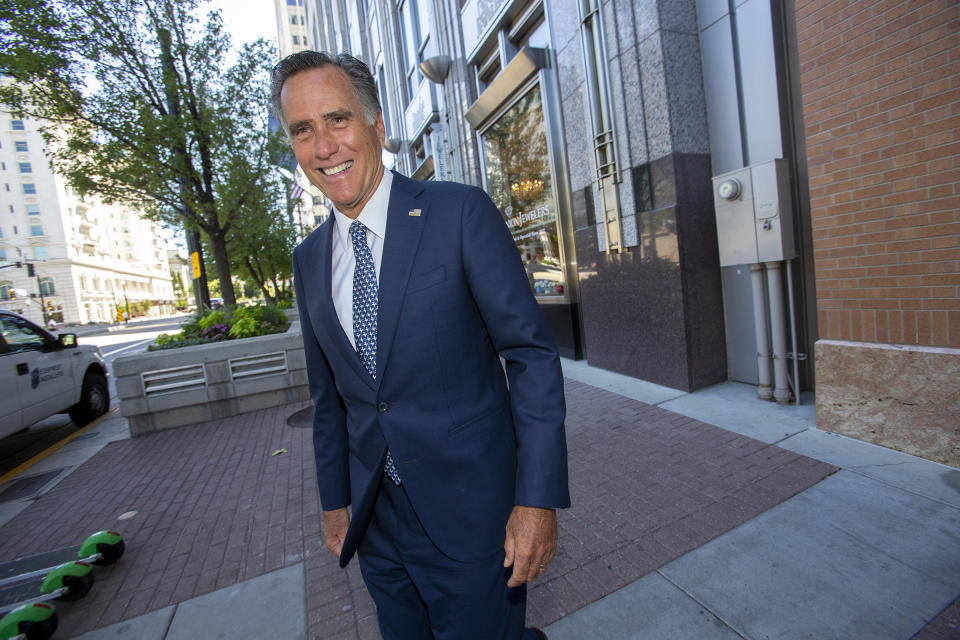 Senator Mitt Romney speaks at the Sutherland Institute in Salt Lake City on Monday, Aug. 19, 2019. Romney says he believes climate change is happening and human activity is a significant contributor. (Scott G Winterton/The Deseret News via AP)