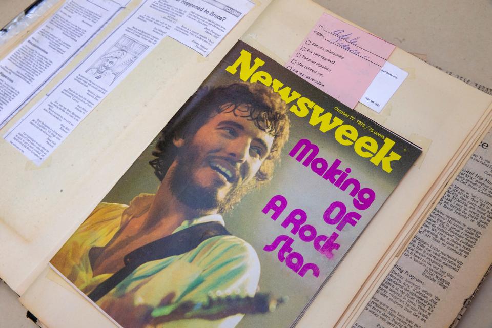 Detail of a page from the scrapbook of Adele Springsteen, mother of Bruce Springsteen, which includes a copy of the Oct. 27, 1975, Newsweek magazine, at the Bruce Springsteen Archives and Center for American Music at Monmouth University in West Long Branch.