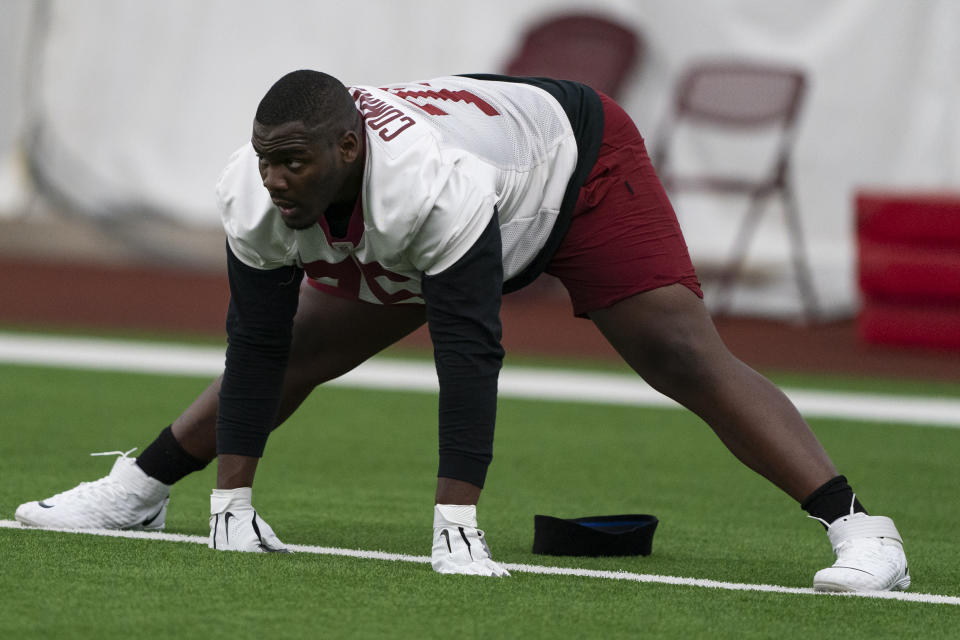 Washington Commanders guard Chris Paul works during a rookie minicamp practice at the team's NFL football training facility, Friday, May 6, 2022 in Ashburn, Va. (AP Photo/Alex Brandon)