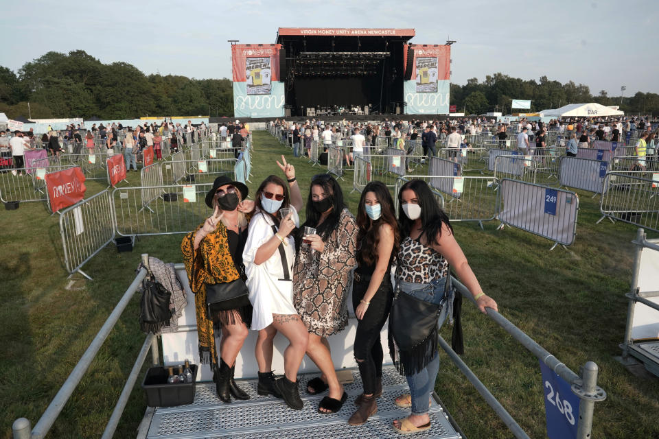 Fans in separate pens to social distance, ahead of the Sam Fender concert at the Virgin Money Unity Arena, a pop-up venue in Gosforth Park, Newcastle. Fans in groups of up to five people are watching the show from 500 separate raised metal platforms at what the promoters say is the world's first socially-distanced gig.