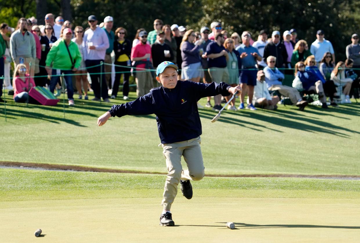 FILE - Michael Jorski of Clarendon Hills, IL reacts after making his putt in the Boys 12-13 division during the Drive, Chip & Putt National Finals at Augusta National Golf Club on Sunday, April 3, 2022. The youth competition returns to the National Sunday, April 2, the weekend before the Masters.