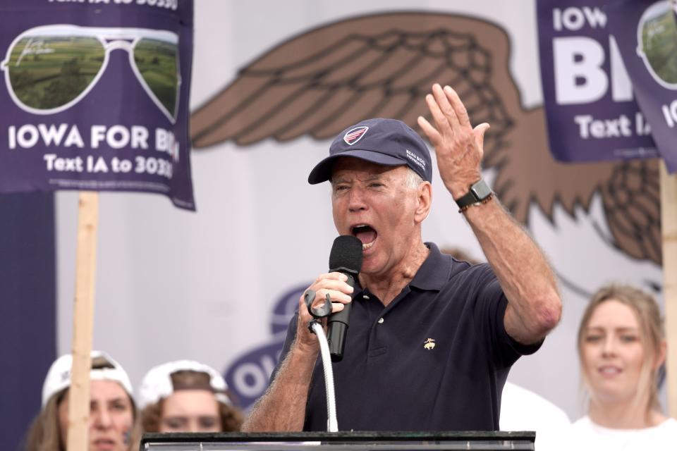 Democratic presidential candidate and former Vice President Joe Biden wears a Beau Biden Foundation hat while speaking at the Polk County Democrats Steak Fry, in Des Moines, Iowa, Saturday, Sept. 21, 2019.