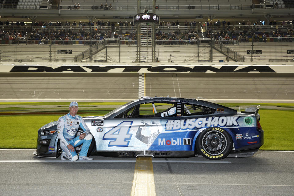 DAYTONA BEACH, FLORIDA - FEBRUARY 15: Kevin Harvick, driver of the #4 Busch Light Ford, poses on the track during qualifying for the Busch Light Pole at Daytona International Speedway on February 15, 2023 in Daytona Beach, Florida. (Photo by Jared C. Tilton/Getty Images)