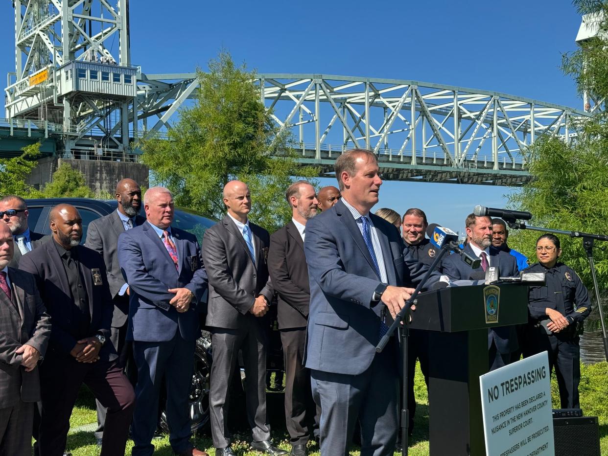 District Attorney Ben David spoke at Dram Tree Park on Wednesday at a news conference focused on nuisance abatement in New Hanover and Columbus counties.