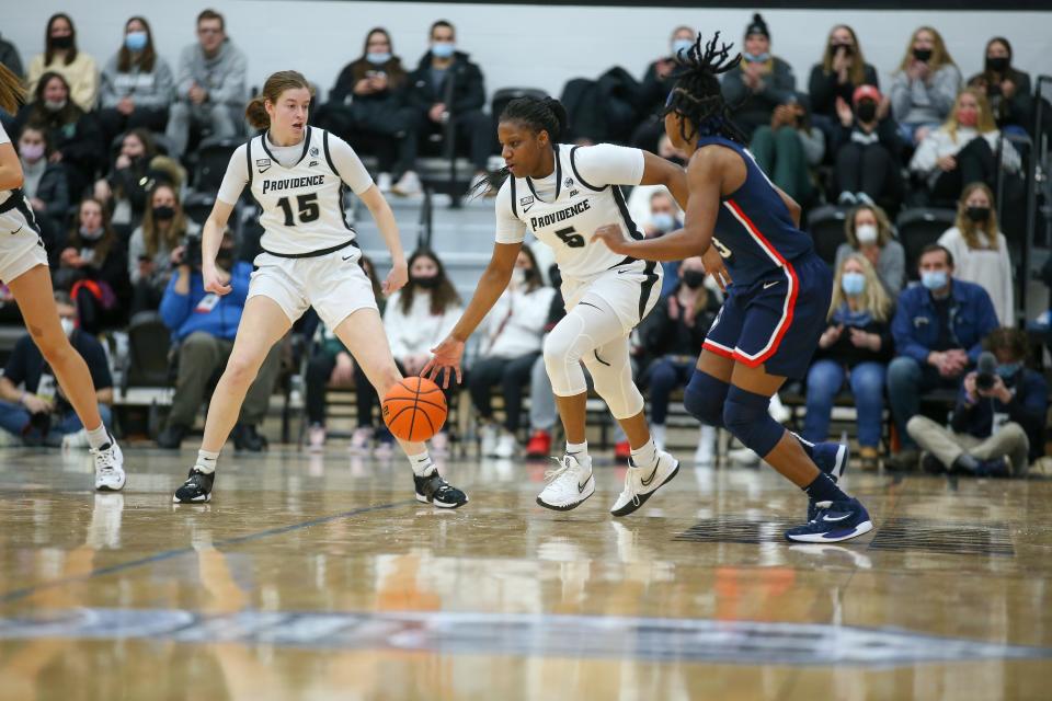 Janai Crooms (5) drives against UConn last season.