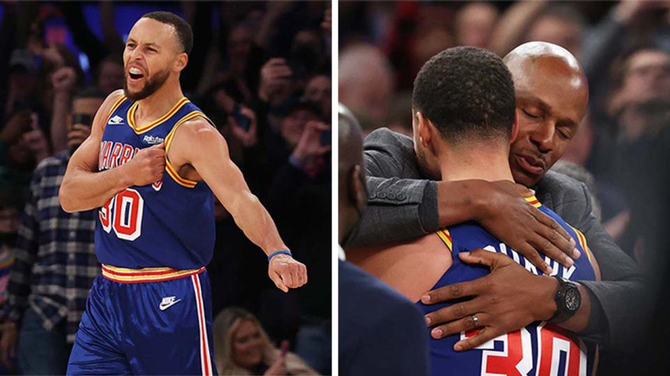 Steph Curry (pictured left) celebrating breaking the all-time 3-point record and hugging Ray Allen (pictured right) after the moment.