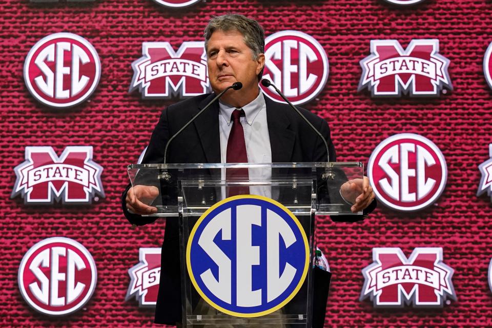 Jul 19, 2022; Atlanta, GA, USA; Mississippi State head coach Mike Leach shown on the stage during SEC Media Days at the College Football Hall of Fame. Mandatory Credit: Dale Zanine-USA TODAY Sports