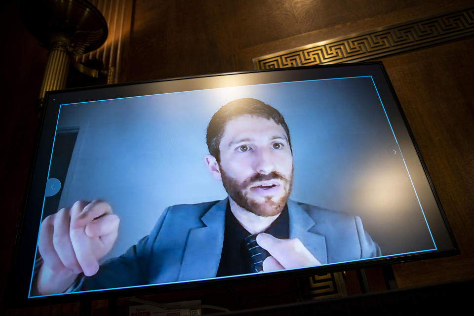 Tristan Harris, co-founder and president at the Center for Humane Technology, testifies virtually during a Senate Judiciary Subcommittee hearing in Washington, D.C., U.S., on Tuesday, April 27, 2021. (Al Drago/Bloomberg via Getty images)