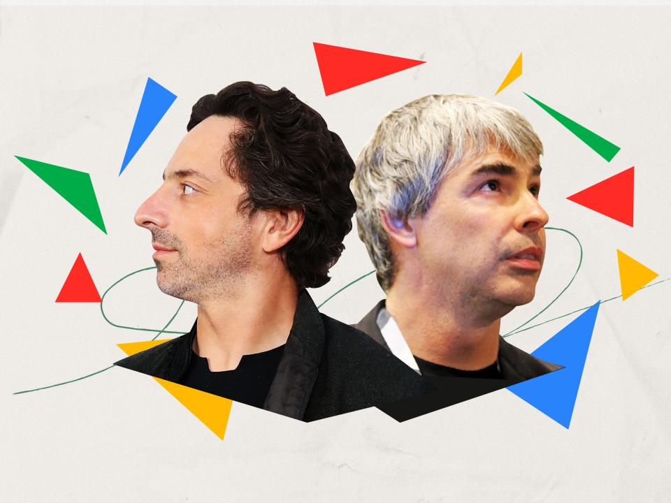 headshots of Sergey Brin and Larry Page facing opposite directions on a neutral background with triangles in the Google colors