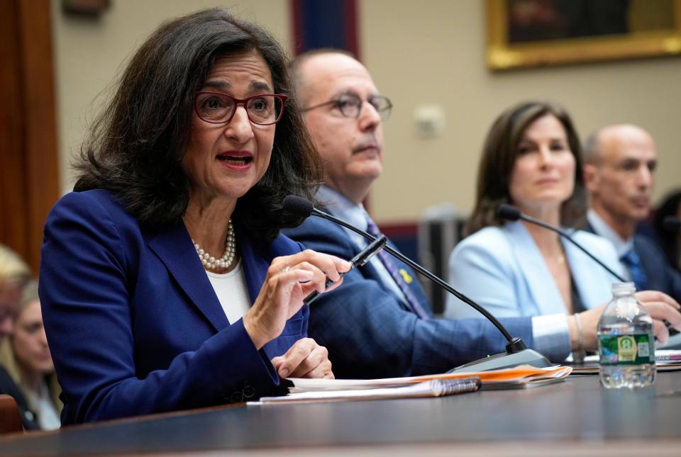 Columbia University President Minouche Shafik, flanked by other administrators and faculty, tells lawmakers antisemitism has "no place on our campus."