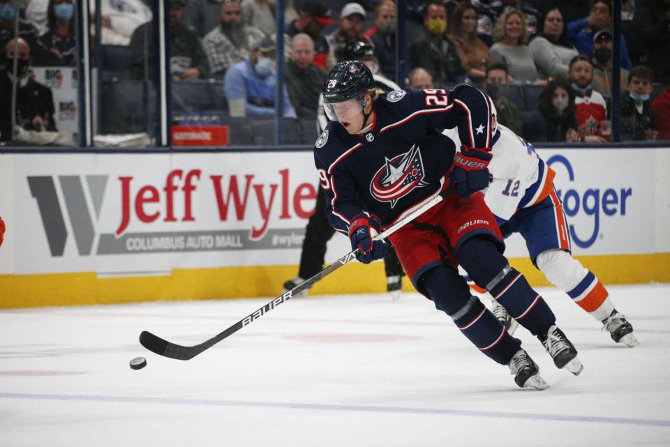 Blue Jackets right wing Patrik Laine joined the team for practice Monday after spending time in Finland with his family mourning the death of his father Harri. He has not been cleared to play in games.