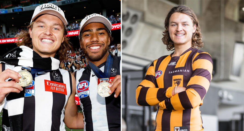 Pictured right is former Collingwood AFL star Jack Ginnivan in the colours of Hawthorn.