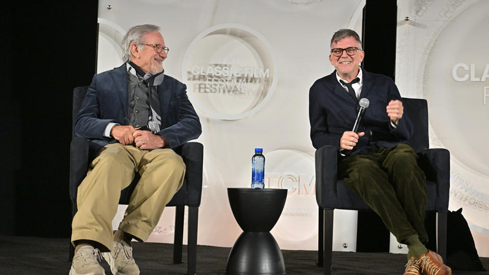 (L-R) Steven Spielberg and Paul Thomas Anderson speak onstage during the opening night gala and world premiere of the 4k restoration of 'Rio Bravo' during the 2023 TCM Classic Film Festival