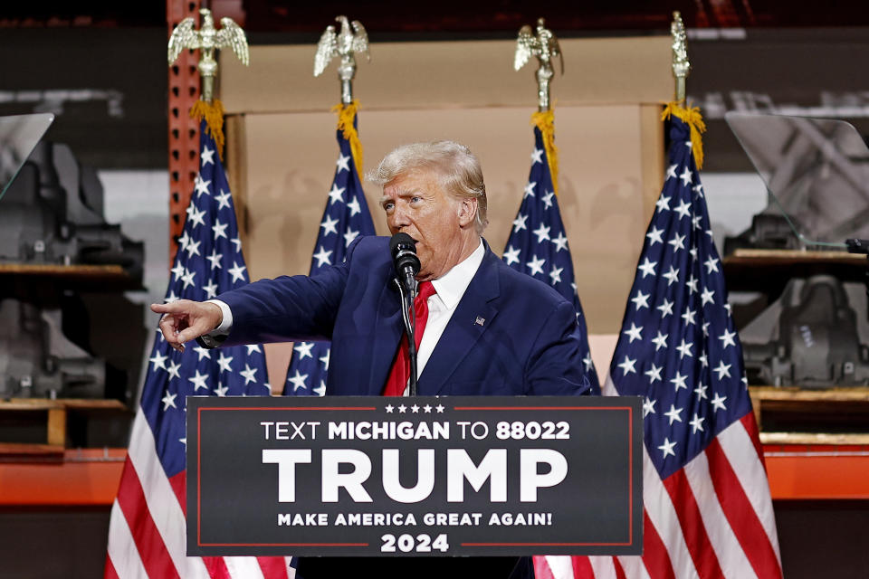 Former President Donald Trump speaks in Clinton Township, Mich., Wednesday, Sept. 27, 2023. (AP Photo/Mike Mulholland)