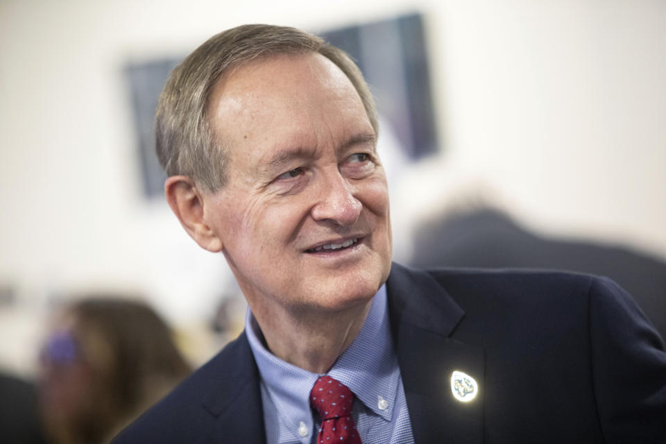 Idaho Sen. Mike Crapo watches returns in his suite during the Idaho Republican Party 2022 General Election Night Celebration, Tuesday, Nov. 8, 2022, ,at The Grove Hotel in Boise, Idaho. (AP Photo/Kyle Green)