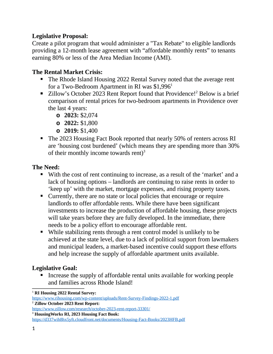 Page 1 of Legislative Proposal - Tax Rebate for Landlords offering Affordable Rents (Pilot Program)