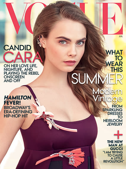 Cara Delevingne is a woman in love. After months of rumors that Cara's dating musician Annie Clark, aka St. Vincent, the 22-year-old supermodel confirms it in her new interview for the July cover of <em>Vogue</em>. "I think that being in love with my girlfriend is a big part of why I'm feeling so happy with who I am these days," she says of her 32-year-old girlfriend. "And for those words to come out of my mouth is actually a miracle." <strong>PHOTOS:19 Times Cara Delevingne Was the Most Relatable World-Famous Supermodel Ever</strong> Cara says she felt confused by her sexuality as a child. "It took me a long time to accept the idea, until I first fell in love with a girl at 20 and recognized that I had to accept it," she shares. "But I have erotic dreams only about men. ... Women are what completely inspire me, and they have also been my downfall. I have only been hurt by women, my mother [a recovering heroin addict] first of all." Before St. Vincent, Cara was linked to Michelle Rodriguez for a brief time in 2014. Vogue Cara also gets candid about her struggles with depression, anxiety and "self-hatred," which hit her especially hard when she was 15 years old. She’s seen plenty of therapists growing up, and says she was prescribed “stronger stuff than Prozac." "All of a sudden I was hit with a massive wave of depression and anxiety and self-hatred, where the feelings were so painful that I would slam my head against a tree to try to knock myself out," she reveals. "I never cut, but I’d scratch myself to the point of bleeding. ... I smoked a lot of pot as a teenager, but I was completely mental with or without drugs.” She even contemplated suicide at one point, alone in her New York City apartment. "I was packing my bags, and suddenly I just wanted to end it," she says, explaining that she was also in the middle of a severe case of insomnia. "I had a way, and it was right there in front of me. And I was like, I need to decide whether I love myself as much as I love the idea of death." Vogue Thankfully, she was pulled out of it when she heard Outkast’s "SpottieOttieDopaliscious," which played at her friend's funeral who had recently died of a heroin overdose. "It felt like a warning from him," she recalls. "And it made me so furious with myself." These days, Cara is focusing more on her acting, with a lead role in the film adaptation of John Green's <em>Paper Towns</em>, and a part in the star-studded <em>Suicide Squad</em>. The preparation for her acting gigs has led to healthier habits. "I'm not allowed to drink. I’m not allowed good food," she says about shooting <em>Suicide Squad</em>. "After turning 20 and eating McDonald's all the time and drinking too much, it started to show on my stomach and on my face. But I'm playing a homicidal witch, so I need to look ripped." "But can you believe that?" she adds, pointing out the irony. "That I have to exercise restraint after I've succeeded in a business where for years I had no restraint, where the whole point was excess?" Vogue <strong>WATCH: Cara Delevingne and Kendall Jenner Are Topless and Licking Each Other</strong> Check out the video below to see Cara walk the Chanel runway with her bestie, 19-year-old Kendall Jenner.