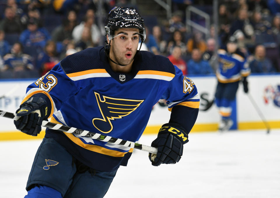 ST. LOUIS, MO - OCTOBER 25: St. Louis Blues defenseman Jordan Schmaltz (43) during a NHL game between the Columbus Blue Jackets and the St. Louis Blues on October 25, 2018, at Enterprise Center, St. Louis, MO. Columbus beat St. Louis 7-4. (Photo by Keith Gillett/Icon Sportswire via Getty Images)