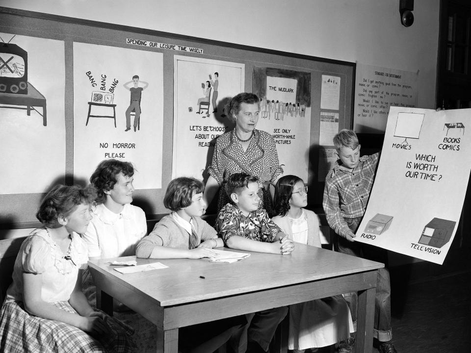 A classroom learns media and time management in 1951