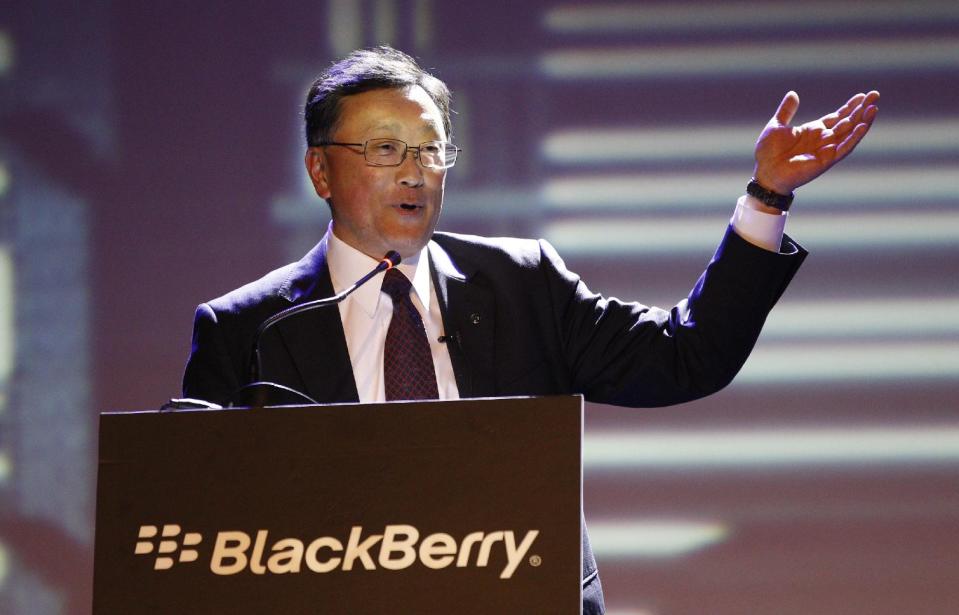 BlackBerry's CEO John Chen delivery his speech at the launch of the new Blackberry Z3 smartphone in Jakarta, Indonesia, Tuesday, May 13, 2014. The Z3 is priced at $200. (AP Photo/Achmad Ibrahim)