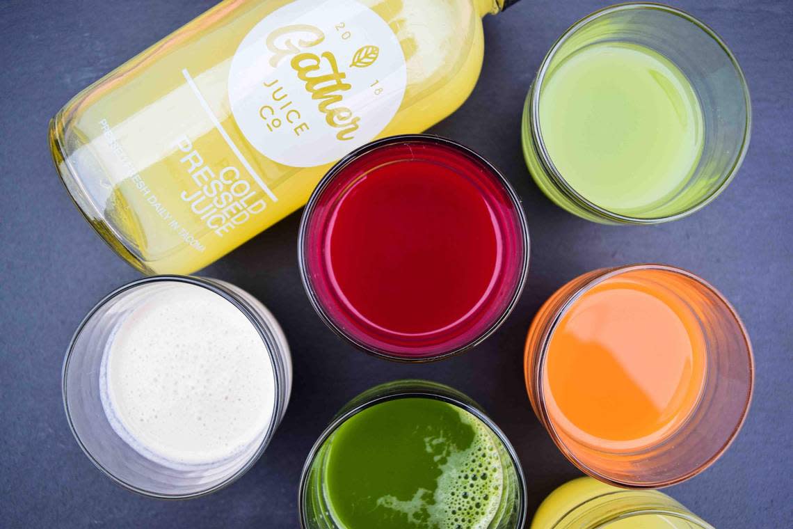 Gather Juice Co. in Tacoma offers a three-day juice cleanse with four juices, a housemade cashew milk (far left), and a daily wellness shot.