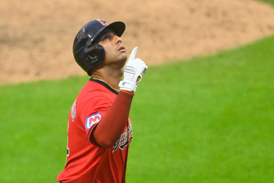 Jul 3, 2024; Cleveland, Ohio, USA; Cleveland Guardians shortstop Brayan Rocchio (4) celebrates his solo home run in the seventh inning against the Chicago White Sox at Progressive Field. Mandatory Credit: David Richard-USA TODAY Sports