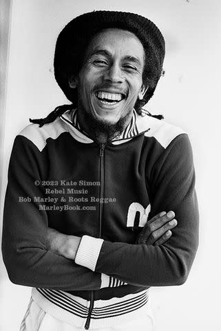 <p>Kate Simon</p> Bob Marley all smiles while on tour in Europe in 1977