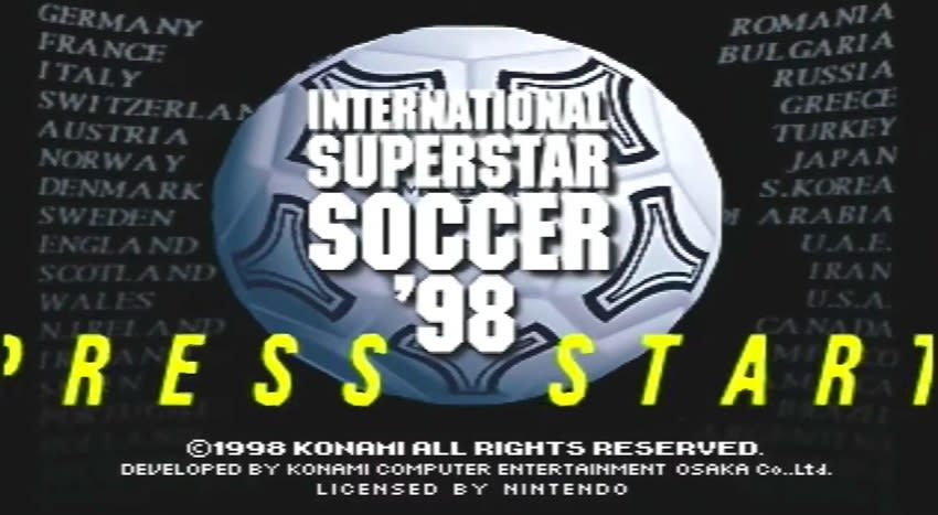 Opening image for International Superstar Soccer '98 featuring the title and country names in the background