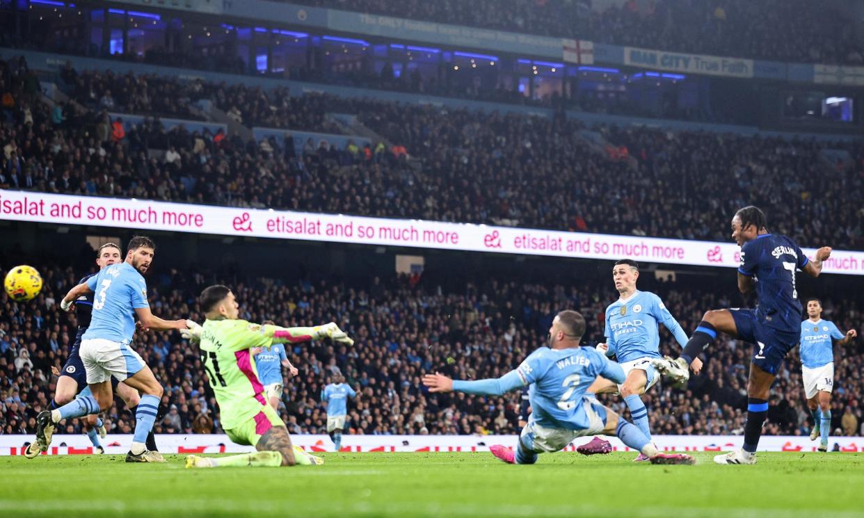 <span>Raheem Sterling gives Chelsea the lead during a first-half display from Manchester City that did not impress Pep Guardiola.</span><span>Photograph: Robbie Jay Barratt/AMA/Getty Images</span>