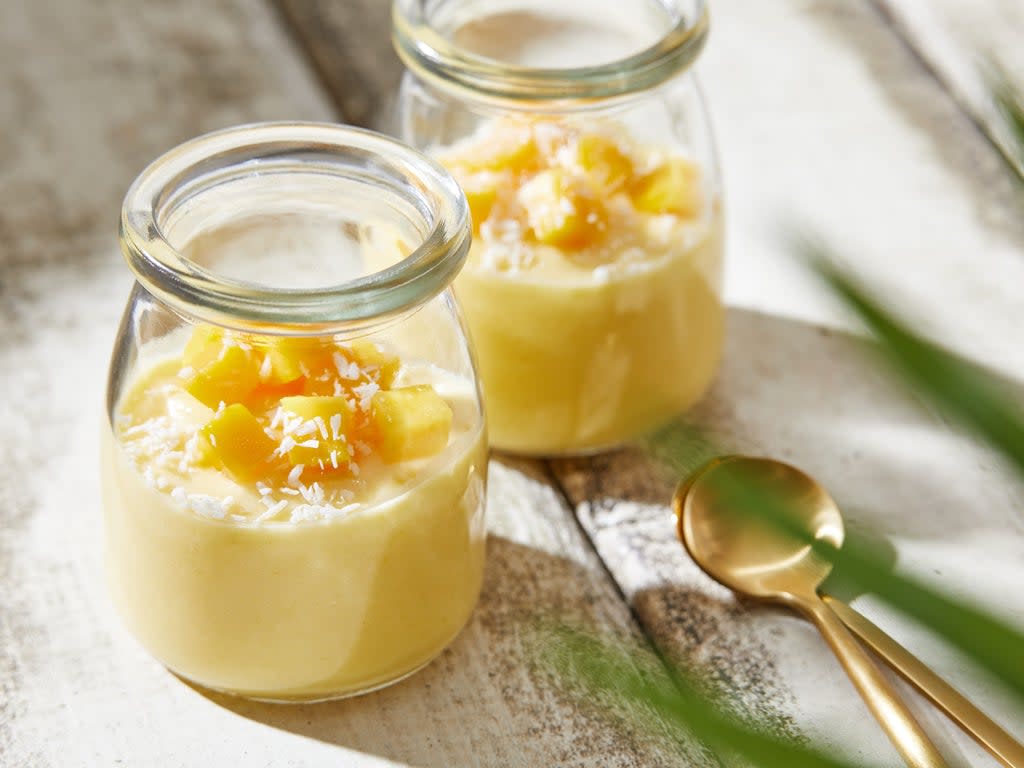 These no-cook dessert cups are a simple blend of mango and light coconut milk (Tom McCorkle/The Washington Post)