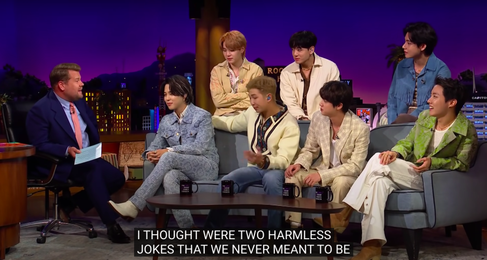 James with BTS members and caption: "I thought were two harmless jokes that we never meant to be"