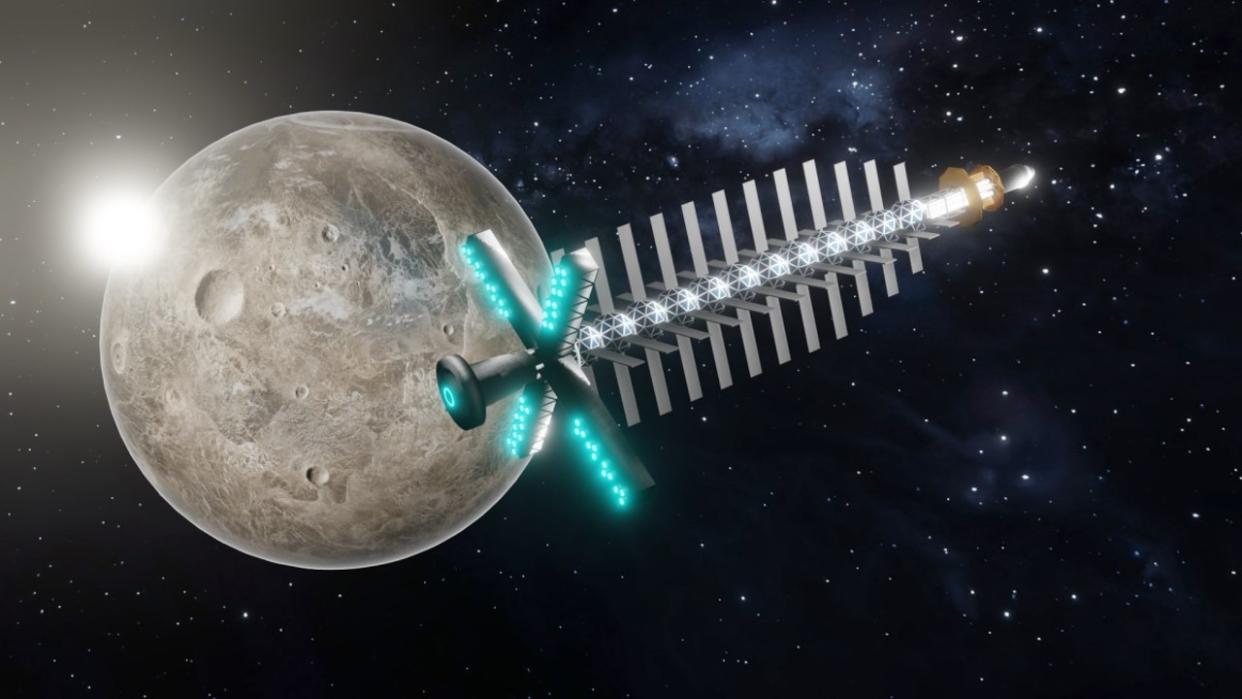  a futuristic looking spaceship zooms past the moon 