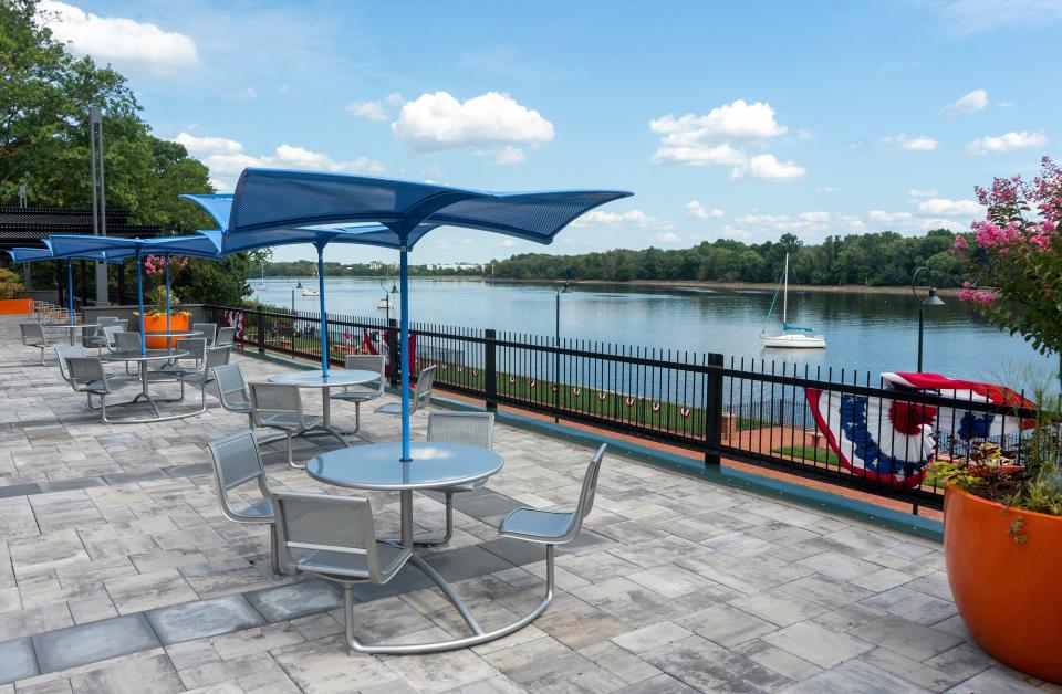 The outdoor seating area of the Margret R. Grundy Library in Bristol on Wednesday, Aug. 23, 2023. Daniella Heminghaus / Bucks County Courier Times