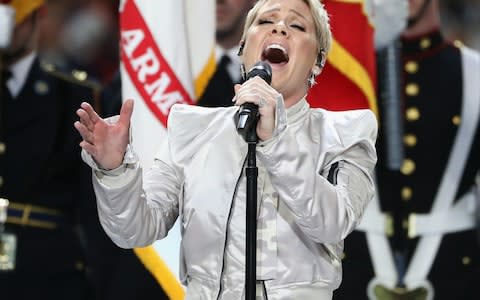 Pink sings the national anthem - Credit: Getty Images