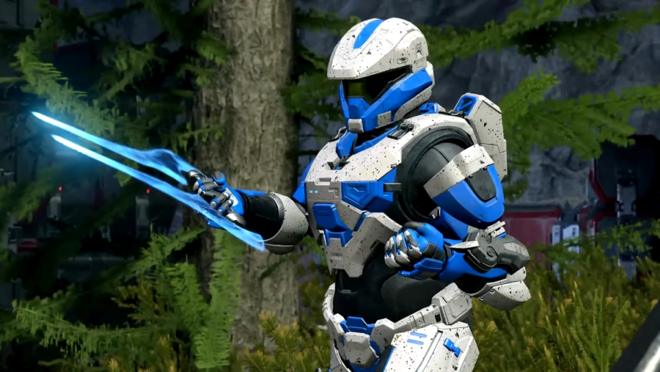 Oreo cookie Halo armor is white with black specks and blue accents