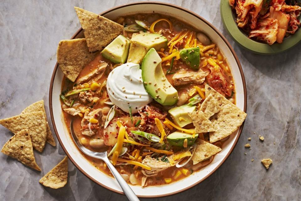 <p>Our favorite weeknight ingredient meets our favorite easy weeknight meal in this soothing, spicy chili. </p><p>Get the <strong><a href="https://www.delish.com/cooking/recipe-ideas/a42168355/creamy-gochujang-white-chicken-chili-recipe/" rel="nofollow noopener" target="_blank" data-ylk="slk:Creamy Gochujang White Chicken Chili recipe;elm:context_link;itc:0;sec:content-canvas" class="link ">Creamy Gochujang White Chicken Chili recipe</a> </strong>from Delish. </p>