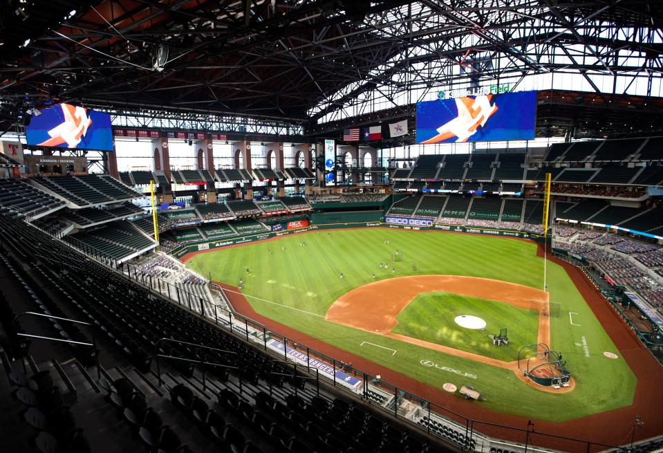 Sep 26, 2020; Arlington, Texas, USA; A view of Globe Life Field as the Houston Astros take batting practice before their baseball game against the Texas Rangers. Mandatory Credit: Jim Cowsert-USA TODAY Sports