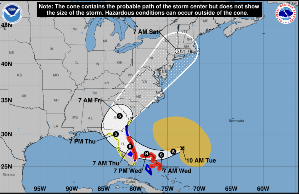 Nicole strengthened to a tropical storm Tuesday a day after forming in the Atlantic Ocean. Forecasters expected it to reach Florida's eastern coast late Wednesday into Thursday.