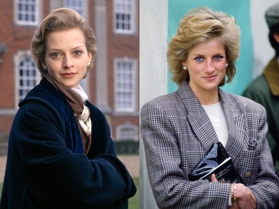 Julie Cox as princess diana with arms crossed; Princess Diana smiling with her arms crossed