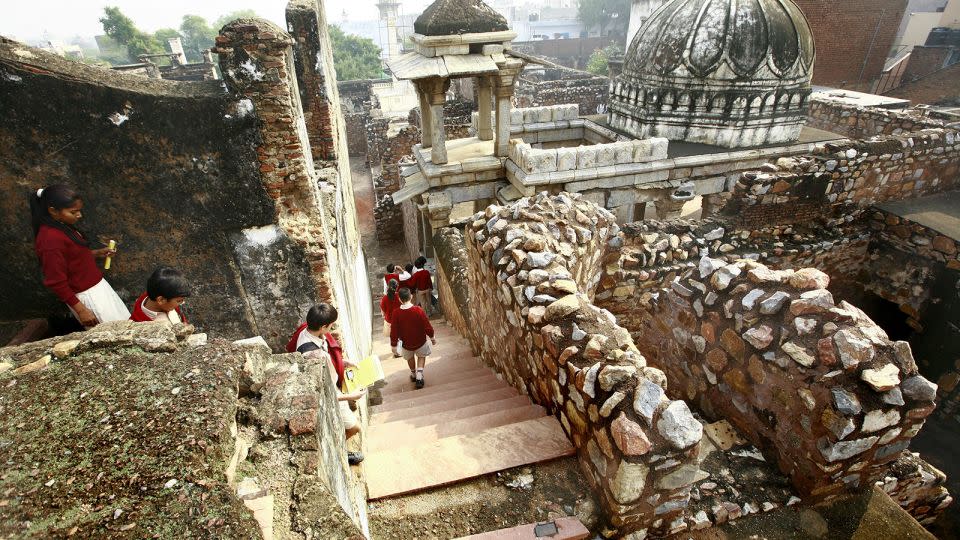 School children during a heritage walk at Zafar Mahal in New Delhi. - Subir Halder/The India Today Group/Getty Images