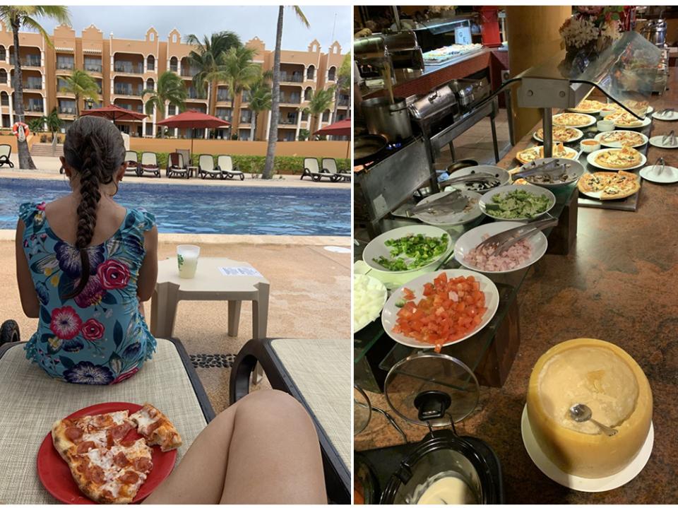 Side by side images of a girl sitting on a pool chair facing the pool with a pizza behind her and food dishes at a buffet,