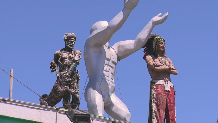 Statues on the roof of Patrick's Roadhouse in Santa Monica are seen in this file image.