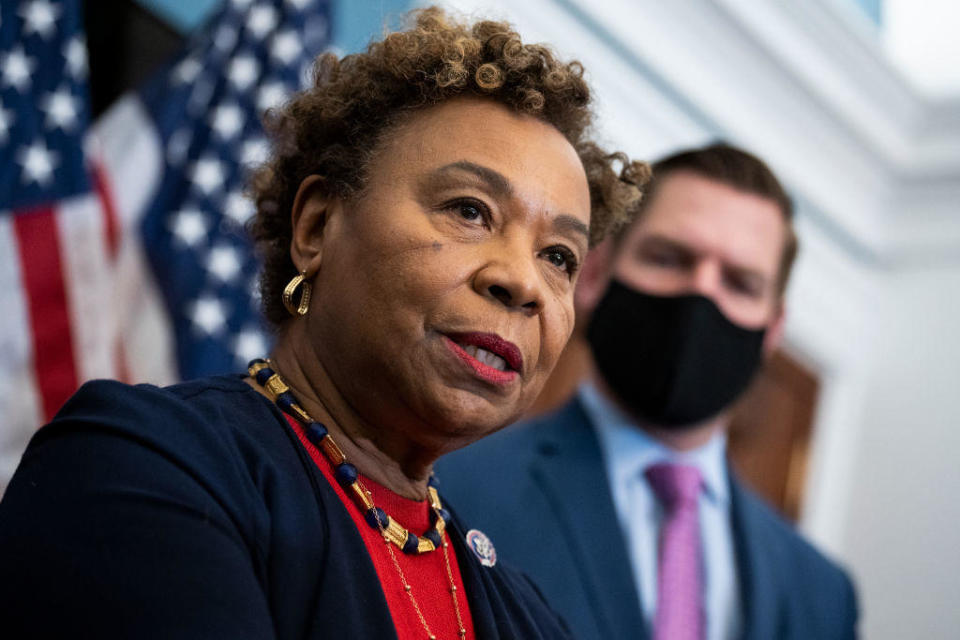 Rep. Barbara Lee at a news conference in the Capitol on Wednesday, Feb. 23, 2022. / Credit: Tom Williams/CQ-Roll Call, Inc via Getty Images