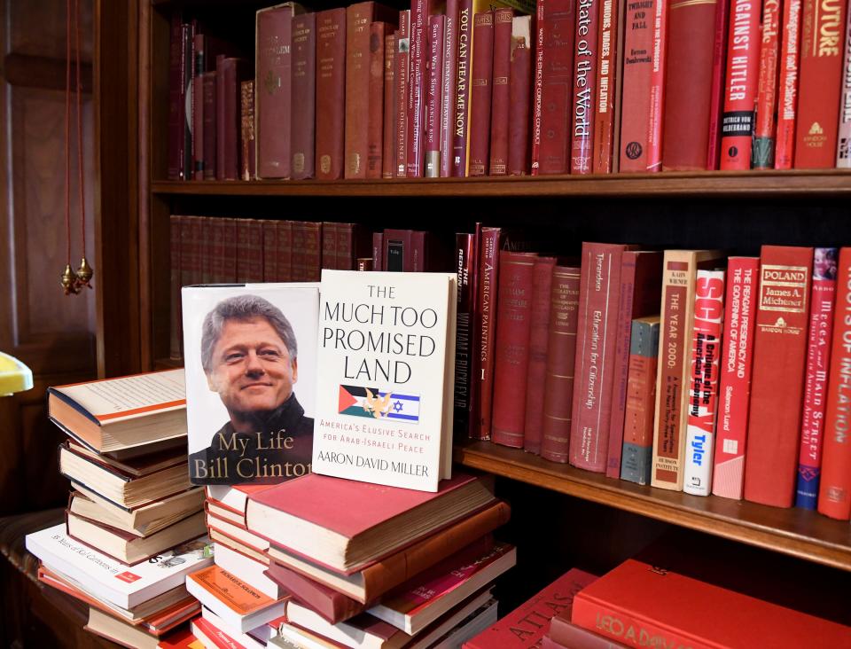 Bill Clintons's autobiography "My Life" and "The Much Too Promised Land" by Aaron David Miller at the site of the Wye River Peace Conference Oct. 6, 2023, in Queenstown, Maryland.