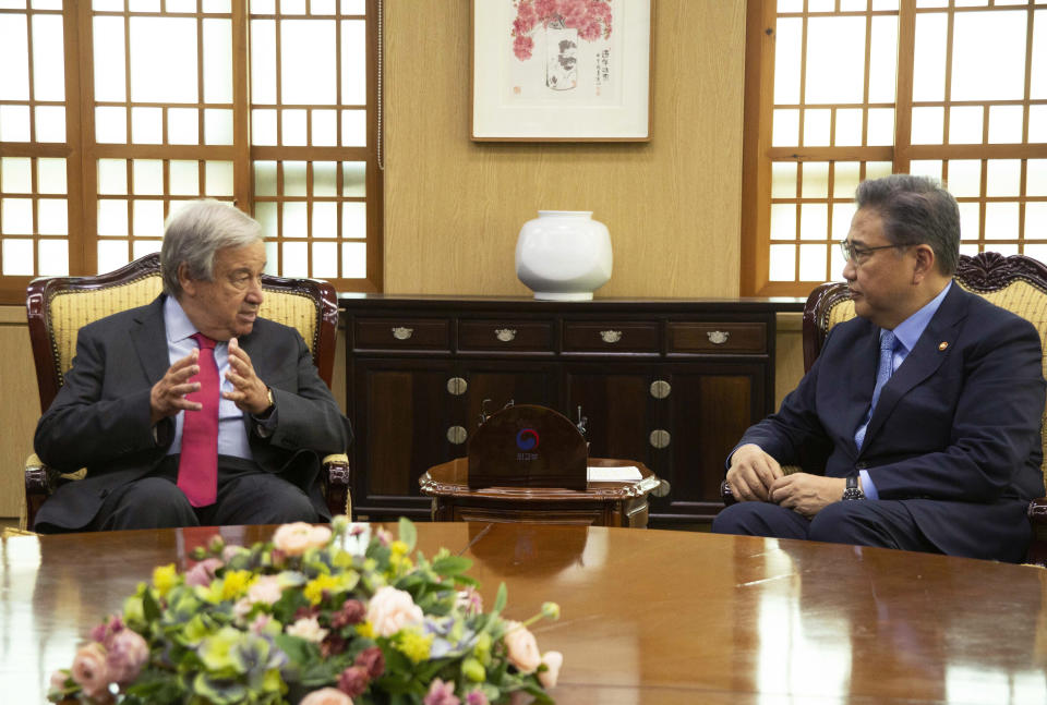 U.N. Secretary-General Antonio Guterres, left, talks with South Korean Foreign Minister Park Jin during their meeting at the Foreign Ministry in Seoul, South Korea, Friday, Aug. 12, 2022. (Jeon Heon-Kyun/Pool Photo via AP)