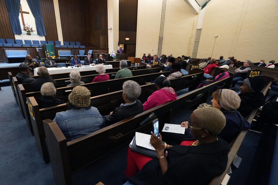 A large crowd attends a meeting to listen to Jackson, Hinds County and Mississippi law enforcement officials, a local judge and the superintendent of the city schools speak about efforts to reduce youth crime and violence, Feb. 14, 2023, in Jackson, Miss. The audience also heard about the involvement of the state-run Capitol Police in the majority-Black city. (AP Photo/Rogelio V. Solis)