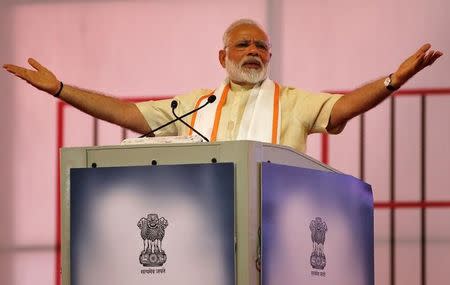 Prime Minister Narendra Modi addresses a gathering during his visit to Gandhi Ashram in Ahmedabad, June 29, 2017. REUTERS/Amit Dave